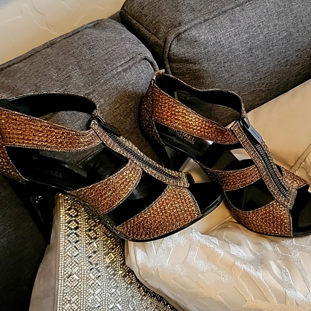 Michael Kors Bronze Berkeley T. Strap glitter heels
